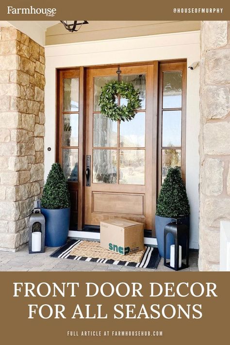 Glass entry door with decor Coastal Wood Front Door, Decor Outside Front Door, Front Porch Year Round Decor, Wood Front Door With Glass, Front Door Modern Decor, Golden Oak Front Door, Exterior Door Decor, Year Round Porch Decor, Natural Front Door