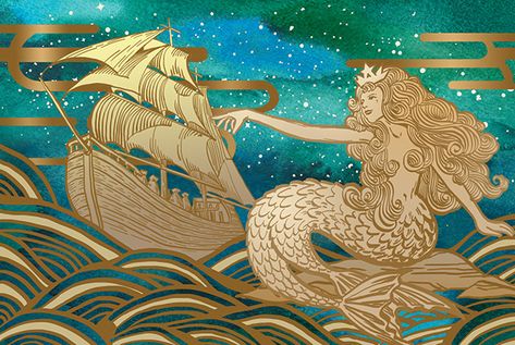 Moon Festival Illustration, Restaurant Murals, French Mythology, Starbucks Illustration, Mermaid Concept, Mermaid Sleeve Tattoos, Starbucks Mermaid, Starbucks Art, Festival Illustration