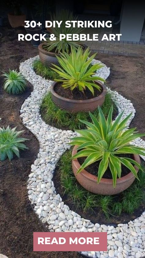 30+ DIY Striking Rock & Pebble Art Rock Art Landscaping, Rock Designs Landscape, Pebble Garden Ideas, Rockery Garden Ideas, Pebble Projects, Rock Mosaics, Pebbles Garden, Pebble Landscaping, Small Zen Garden