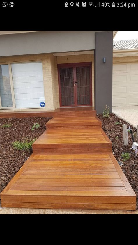 Wooden Front Stairs Entrance, Front Steps Wooden Stairs, Entry Deck And Steps, Wooden Front Steps Entrance, Deck Entrance Ideas, Wood Stairs On Concrete Patio, Wide Wooden Steps Outdoor, Wooden Pathways, Box Steps