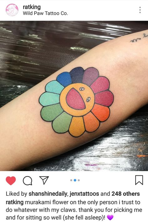 So in love with the vibrant colors! Mario Flower Tattoo, Murakami Tattoo Ideas, Takashi Murakami Flower Tattoo, Takashi Murakami Tattoo, Murakami Flower Tattoo, Rainbow Flower Tattoo, Mini Hand Tattoos, Murakami Tattoo, Takashi Murakami Flower