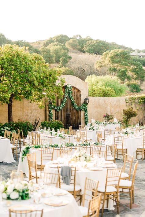 Courtyard Outdoor Spanish Style Wedding Reception, Simple and Elegant, White and Green Florals, Evening Wedding Reception, The Club at Pasadera, Nicklaus Club Monterey, Photo: 1985 Luke Photography, Planner: Paige Events Samana, Courtyard Reception Decor, Spanish Style Courtyard Wedding, Elegant Spanish Style Wedding, Spanish Courtyard Wedding, Wedding Ideas Mexican Spanish Style, Spanish Style Fireplace Ideas, Mexican House Exterior Spanish Style, Spanish Style Wedding Decorations