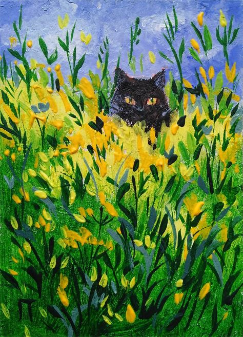 Floral Acrylic Painting, Cat Portrait Painting, Black Cat Painting, Field Art, Flower Cat, Black Cat Art, Plant Painting, Impressionism Art, Art Flowers