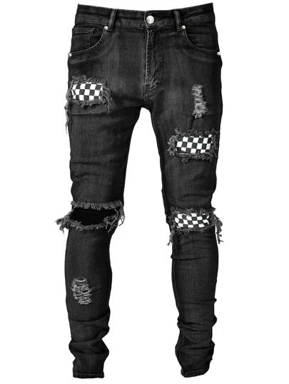 Men's Clothing | Latest Trends In Guy's Clothes | ROMWE USA Biker Denim, Urban Hip Hop, Ripped Jeans Men, Black Jeans Outfit, Street Life, Denim Patches, Patched Jeans, Clothing Ideas, Premium Denim