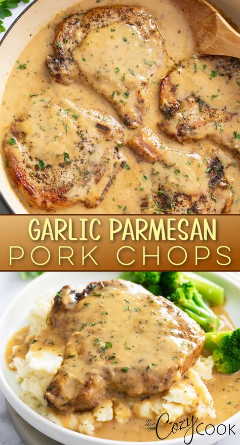 This Garlic Parmesan Pork recipe has tender pork chops smothered in an ultra flavorful sauce with garlic, Parmesan cheese, white wine, and delicious seasonings. This is sure to become a new family favorite dinner recipe! The Cozy Cook Pork Chops, Healthy Dinner Recipes With Pork Chops, Pork Chops With Pasta, Pasta With Pork Chops, Crockpot Recipes With Pork Chops, Pork Chop Pasta Recipes, Savory Pork Chop Recipes, Crockpot Recipes Pork Chops, Pork Chop Pasta