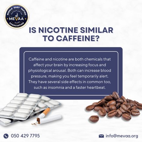 Caffeine and nicotine are both chemicals that affect your brain by increasing focus and physiological arousal. Both can increase blood pressure, making you feel temporarily alert. They have several side effects in common too, such as insomnia and a faster heartbeat. Contact Us: 📞+971 50 429 7795 📩info@mevaa.org #vaping #smokefree #vapecommunity #vapelife #vapelove #healthylifestyle #vapinglife #tobaccofree #vapingrevolution #vapetricks #vapesociety #VapeDubai #nicotine Fast Heartbeat, Increase Blood Pressure, Your Brain, Insomnia, Blood Pressure, Side Effects, In A Heartbeat, Make You Feel, Chemicals