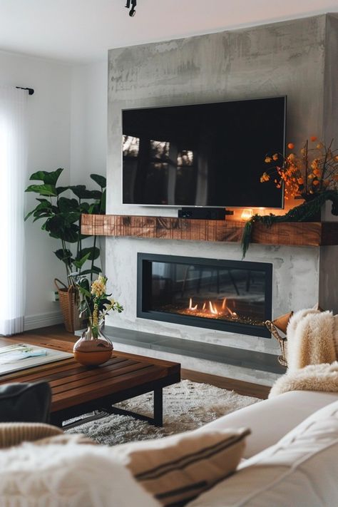 Sleek Linear Fireplace Ideas with TV Above Fireplace Tv Wall Mantle, Sleek Fireplace Design, Mounted Tv Ideas Living Rooms With Fireplace, Tv Wall Ideas Living Room Mounted Tv Over Fireplace, Gas Fireplace Mantle With Tv Above, Fireplace Tv Wall With Bench, Built In Fireplace Tv Wall, Fireplace Base Ideas, Gas Fireplace Ideas With Tv Above Hearth