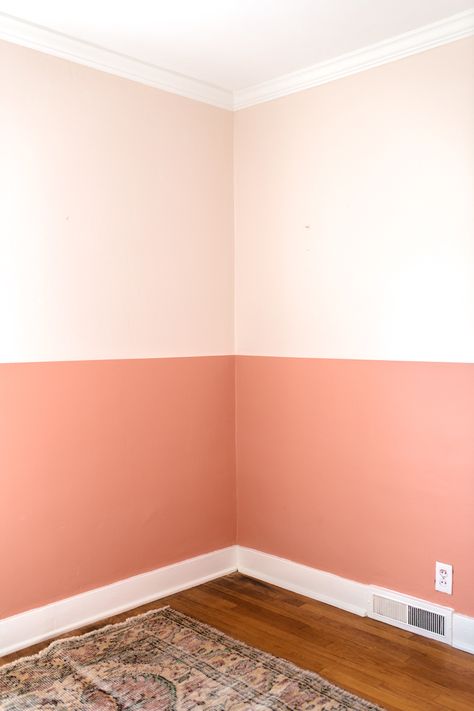 Nursery with Color Blocked Walls - Easy technique to color block walls without touch ups using HGTV HOME by Sherwin Williams paint in Salmon River Run and Nearly Peach from Lowe’s.  #colorblocked #colorblockedwalls #nurserywalls #nurseryideas #modernnursery #lowespartner #coralandpeach #colorfulroom #kidsroom #girlsroom #howto #sponsored Peach Colour Nursery, Coral Wall Paint Bedroom, Coral Feature Wall, Apricot Wall Color, Peach Paint Colors Bedrooms, Wall Color Ideas Pink, Peach Girls Bedroom, Peach Accent Wall, Peach Nursery Ideas