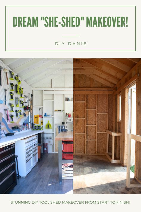 Stunning DIY Tool Shed Makeover From Start to Finish! Click the link to find out how I used @behr to transform this amazing creative space! #brandpartner #paintitpossible #paintwithme #BEHRTrends2021 Tiny Shed Storage Ideas, 8x12 Shed Organization, Shed Hacks, Shed Workshop Ideas, Shed Renovation Ideas, Tool Shed Ideas, Shed Painting Ideas, Man Shed Interior Ideas, Shed Makeover Interior