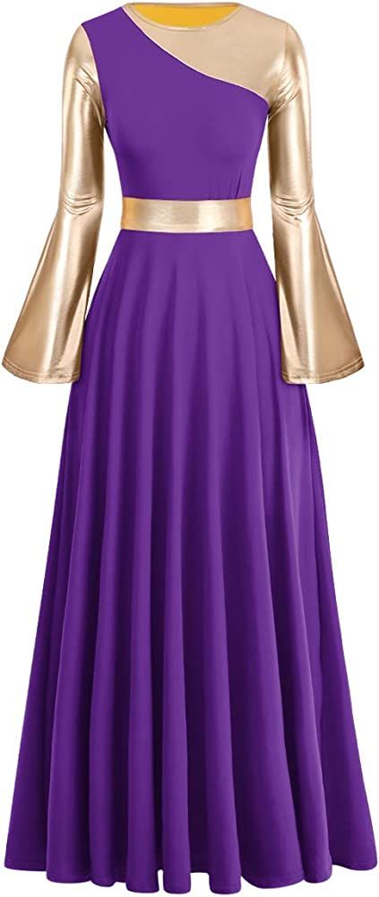 Amazon.com: Women Adult Metallic Gold Color Block Long Sleeve Praise Dance Worship Robe Dress Loose Fit Full Length Liturgical Tunic Circle Skirt Lyrical Dancewear Swing Gowns Ballet Costume Purple-Gold XS : Clothing, Shoes & Jewelry Praise Dress, Praise Dance Outfits, Dance Worship, Worship Dress, Praise Dance Wear, Praise Dance Garments, Lyrical Dress, Praise Dance Dresses, Ballet Dancewear