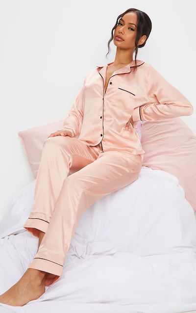 Satin Pajamas for Women | Silky PJs | PrettyLittleThing USA Satin Teddy, Rose Gold Satin, Satin Pj Set, Short Pj Set, Women Rising, Gold Satin, Satin Color, Satin Pajamas, Contrast Piping