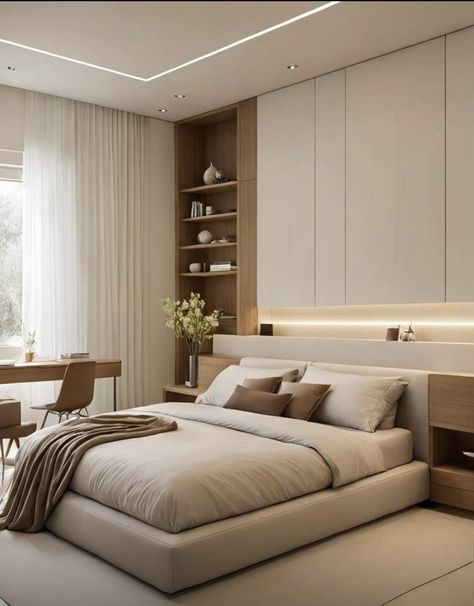 Contemporary Style Bedroom Interiors, Modern Spa Bedroom, Sleek Bedroom Design, White Oak Bedroom Ideas, Bedroom With White Floor, Fluted Panel Bedroom, Bedroom Offwhite, Small Bedroom Interior Design Modern, Small Minimal Bedroom