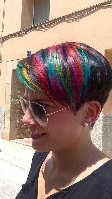 Short Rainbow Hair, Turquoise Hair Color, Pinwheel Hair Color, Pixie Hair Color, Purple Grey Hair, Short Blue Hair, Purple Hair Highlights, Tie Dye Hair, Funky Hair