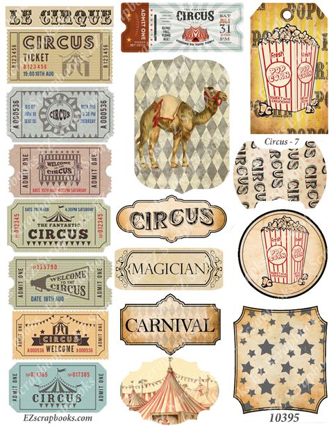 Vintage Circus Journal Embellishments clip art. Printed on our same signature textured cardstock as our Quick Pages, these are ready for you to cut and use! Great for use in Scrapbooking, card making and mixed media art. Printable Stickers For Journal, Circus Ephemera, Scrapbook Stickers Vintage, Paper Doily Crafts, Doilies Crafts, Journal Embellishments, Circus Art, Paper Doilies, Scrapbook Stickers Printable