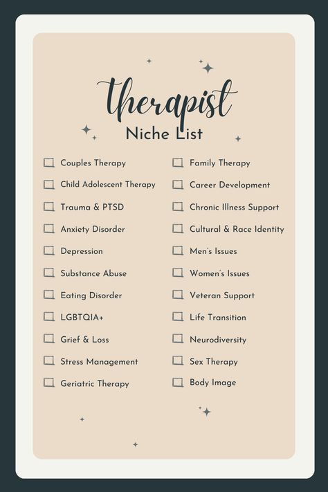 Starting your own private practice. Having a niche is a great way to get started and increase your referral flow. From couples therapy, family therapy, Trauma, and more bookmark this for some ideas Resistant Clients In Therapy, Counseling Techniques Therapy Ideas, Therapy Practice Name Ideas, Therapy Session Aesthetic Room, Therapist Schedule, Therapist Office Ideas, Therapy Check In Questions, Therapy Office Decor Private Practice, Therapist Private Practice