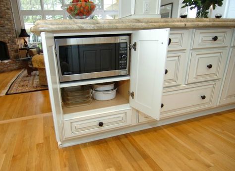 Hidden Microwave - Behind doors in island. on the right side. above the liqueur drawer. Microwave In Kitchen Island Ideas, Island With Microwave Drawer, Microwave Under Counter, Island With Microwave, Microwave Island, Island Microwave, Hidden Microwave, Microwave Storage, Kitchen Revamp