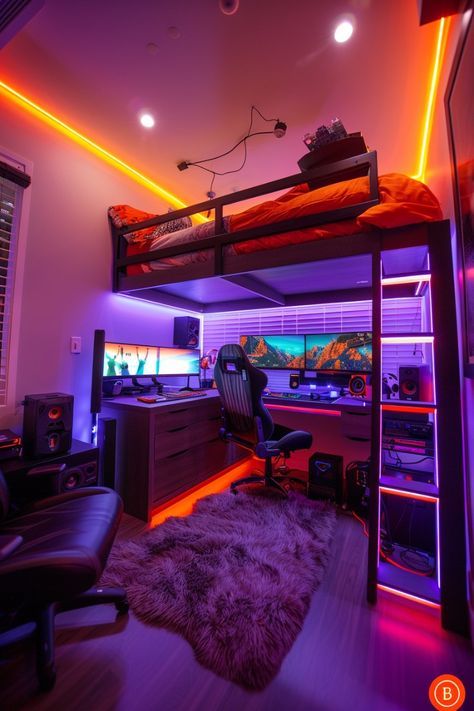 Gaming Setup Under Loft Bed, Loft Bed Bedroom Ideas, Small Gamer Bedroom, Boys Loft Bedroom, Streetwear Room, Reka Bentuk Bilik Tidur, Gaming Bedroom, Gamer Bedroom, Small Game Rooms