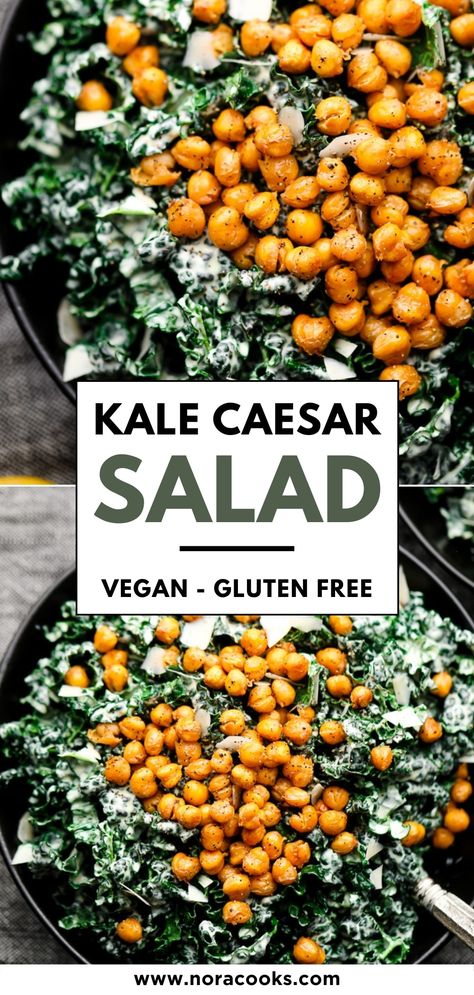 Hearty kale is tossed in a cashew caesar dressing and topped with chickpea croutons to make this Kale Caesar Salad. It’s a crowd-pleasing vegan recipe you can bring to potlucks or enjoy for leftovers. Simple, easy, and ready in just 30 minutes! Vegan Ceasar Salad, Kale Cesar Salad, Chickpea Croutons, Vegan Caesar Salad Dressing, Kale Salad Dressing, Vegan Caesar Dressing, Nora Cooks, Vegan Caesar Salad, Pescatarian Diet