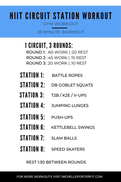 This workout is specifically designed for the gym and is a powerful blend of strength, power, stability, and cardio movements.  #circuit Hiit Circuit Workout, Circuit Workout Gym, 25 Minute Workout, Hiit Circuit, Circuit Training Workouts, Insanity Workout, Tabata Workouts, Boot Camp Workout, Best Cardio Workout