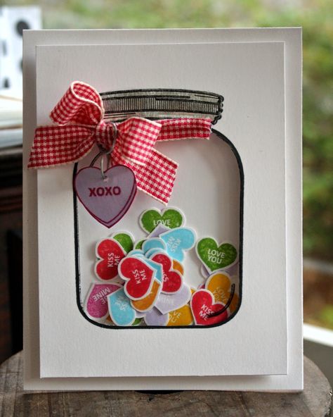 Card With Hearts, Mason Jar Cards, Folding Origami, Valentine Cards Handmade, Handmade Valentine, Shaker Cards, Diy Tips, Valentine's Day Diy, In A Jar