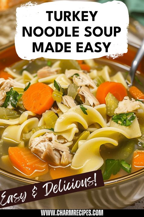 Enjoy a homemade Turkey Noodle Soup that warms both the body and spirit. This delightful dish brings out the rich flavors of turkey, fresh vegetables, and scrumptious egg noodles, proving that simple ingredients can create a comforting meal. Perfect for chilly days or whenever you need a bowl of happiness, this recipe is straightforward to follow and yields a heartwarming broth that everyone will love. Discover how to turn your leftovers into a delicious soup that will feed the whole family and leave them asking for seconds. Turkey Soup With Egg Noodles, Turkey Egg Noodle Soup, Leftover Turkey Noodle Soup Crockpot, Best Turkey Noodle Soup Recipe, Turkey Noodle Soup Instant Pot, Ground Turkey Noodle Soup, Turkey Noodle Soup From Carcass Recipes, Easy Turkey Noodle Soup, Crockpot Turkey Noodle Soup