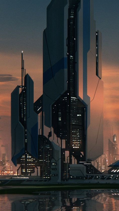 Futuristic Cityscape, Sci Fi Building, Sci Fi Architecture, Futuristic Building, Sci Fi City, Sci Fi Environment, City At Night, Cyberpunk City, Fantasy City