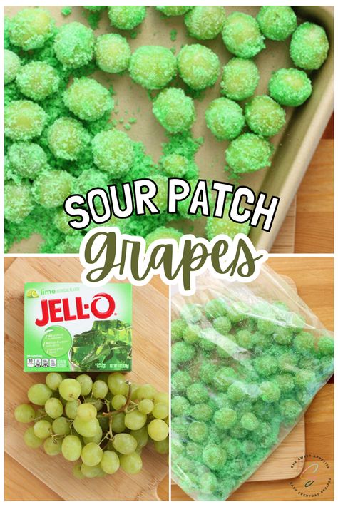 Looking for a summer dessert that is super easy to make and tastes like sour patch kids? This Jello Grapes Recipe is for you!  Made with just two ingredients, these can be served chilled or as frozen jello grapes for an ice cream vibe.   Everyone loves this sweet snack and if you use sugar free Jello you'll have a low calorie one too! Sour Frozen Grapes Recipe, Jello Grapes Recipe, Sour Frozen Grapes, Grapes With Jello Powder, Candy Grapes Recipes Jello, Frozen Grapes With Lemon Juice, Green Grape Recipes, Jello Grapes Frozen, Frozen Grapes Jello