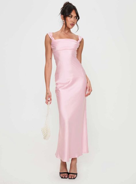 Azura Off The Shoulder Maxi Dress Pink Dusky Pink Maxi Dress, Form Fitted Pink Dress, Long Pink Puff Dress, Silk Dress Midi Classy, Prom Dress Elegant Pink, Dream Prom Dress Baby Pink, French Pink Bridesmaid Dresses, Prom Blush Pink, Pink One Shoulder Midi Dress