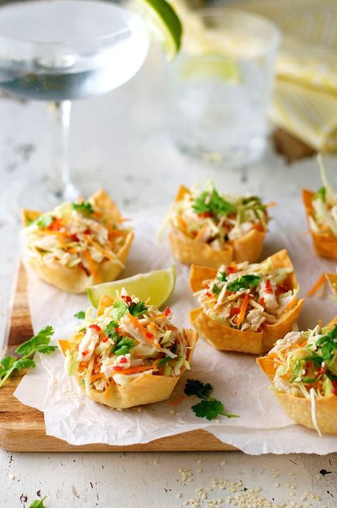 Thai-Chicken-Salad-Wonton-Cup-2 Chicken Salad Wonton Cups, Salad Wonton Cups, Chicken Salad Wontons, Healthy Holiday Appetizers, Chicken Salad Ingredients, Thai Chicken Salad, Wonton Cups, Won Ton, Wonton Recipes