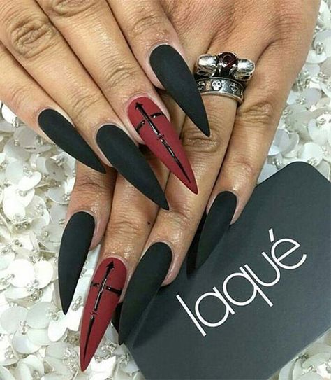 Goth Nails Matte, Goth Matte Nails, Hombre Red Black Nails, February Nails Stiletto, Matte Black And Red Nails, Edgy Stiletto Nails, Goth Nails Stiletto, Red Stilleto Nails Designs, Gothic Nails Coffin