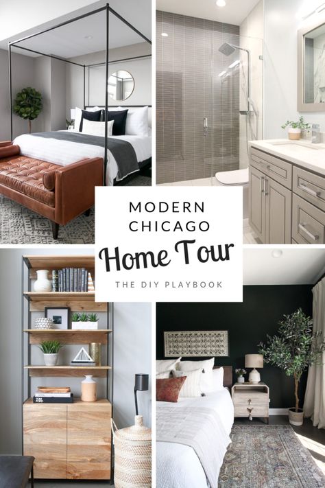 Come check out this contemporary condo tour. It has a dark green guest bedroom, a modern green bathroom, and even a rooftop deck. It's full of design inspiration!  #hometour #modern  #boho #contemporarydesign  #homedesign Green Guest Room, Chicago Condo, Four Post Bed, Modern Eclectic Home, Chicago Condos, Post Bed, The Big Comfy Couch, Diy Playbook, Grey Sectional