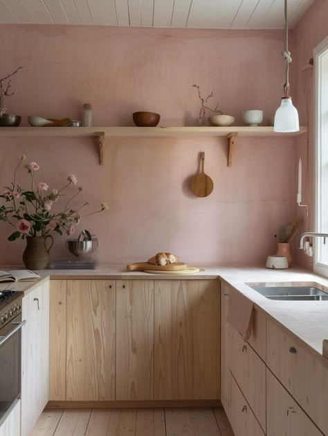 Sherwin-Williams Color of the Year 2023: Redend Point 32 Pink Wall Interior Design, Colorful Kitchen And Living Room, Dusty Rose Kitchen Walls, Feminine Kitchen Aesthetic, Rose Pink Kitchen, Non Kitchen Kitchens, Plaster Pink Kitchen, Redend Point Kitchen, Kitchen Against One Wall