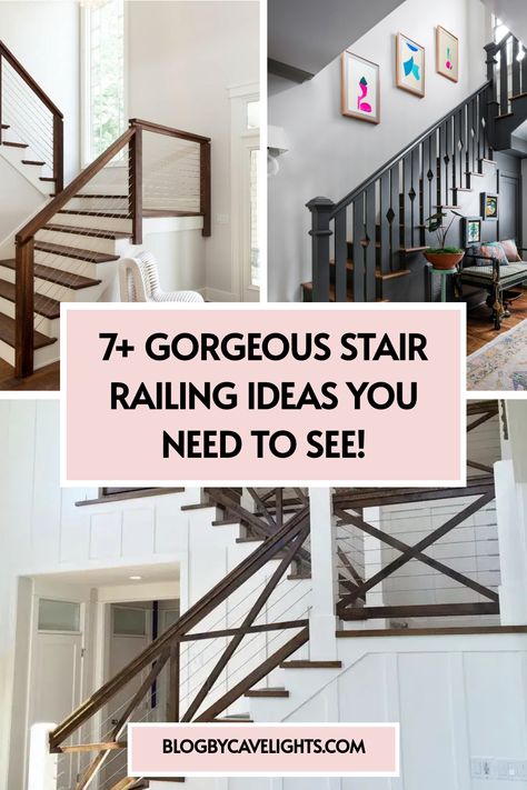 7 stair railing ideas Wood Stair Railing Ideas, Staircase Landing Ideas, Wood Stair Railing, Stairway Railing Ideas, Railing Makeover, Modern Staircase Railing, Stair Railing Ideas, Wood Railings For Stairs, Stair Railing Makeover