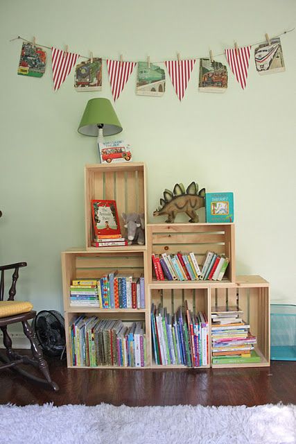 Ridiculously ADORABLE bookshelves Crate Bookcase, Crate Bookshelf, Crate Shelves, Bookshelves Kids, Bookshelves Diy, Three Boys, Big Boy Room, Kids Play, Organization Bedroom