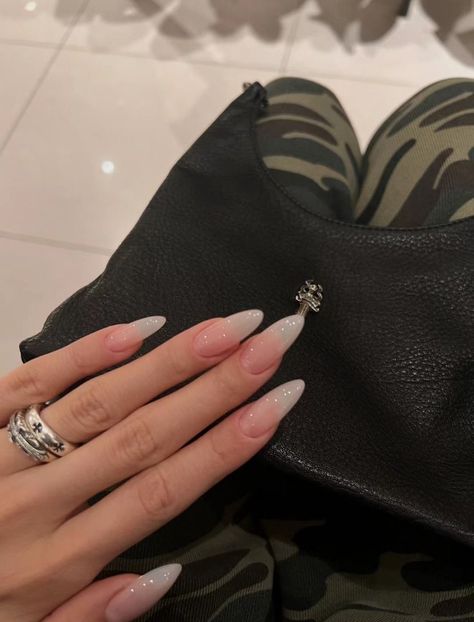 Light Long Nails, Pointed Almond Nails Long, Long Neutral Almond Nails, Nails On Olive Skin Tone, Simple Long Almond Acrylic Nails, Medium Long Almond Nails, Almond Sharp Nails, Stiletto Vs Almond Nails, King Kylie Nails