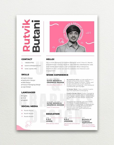 Professional Graphic Designer Resume Resume Design For Graphic Designer, Creative Resume For Graphic Designer, Graphic Designer Cv Ideas, Resume For Graphic Designer, Resume For Designers, Ui Ux Designer Resume, Ux Resume, Ux Ui Portfolio, Graphic Designer Cv