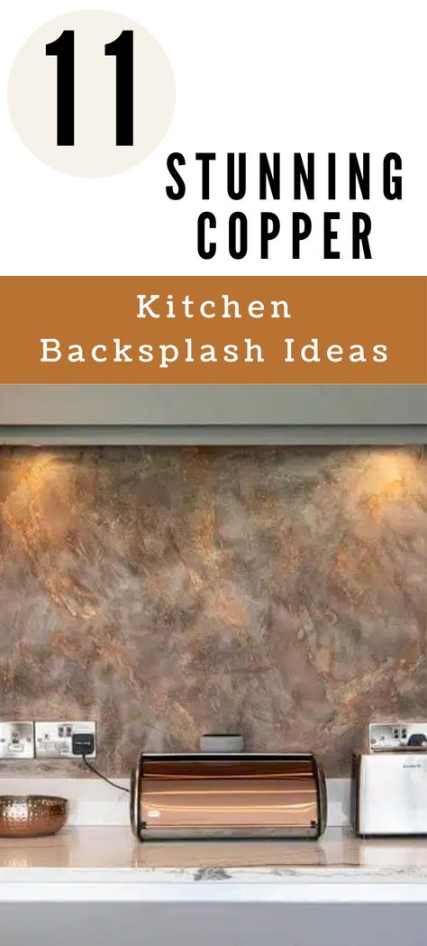 Brick And Copper Kitchen, Copper Kitchen Backsplash Ideas, Copper Backsplash Ideas, Copper Cabinets Kitchen, Cooper Backsplash Kitchen, Copper House Decor, Forest Green And Copper Kitchen, Copper Stove Backsplash, Copper Splash Back Kitchen