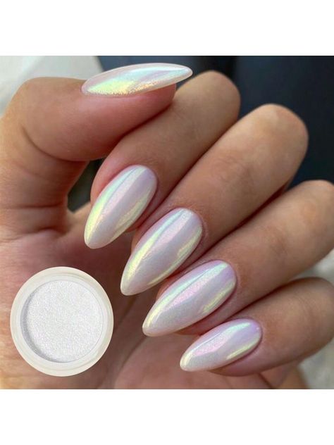 White  Collar  ABS   Embellished   Nail,Hand & Foot Care Nails Pigment Powder, White Holographic Nails Design, Ombre Grey Nails, Nails Pearl Effect, Mermaid Powder Nails, Pearl White Chrome Nails, White And Chrome Nails, Nails Pearl Chrome, White Mermaid Nails