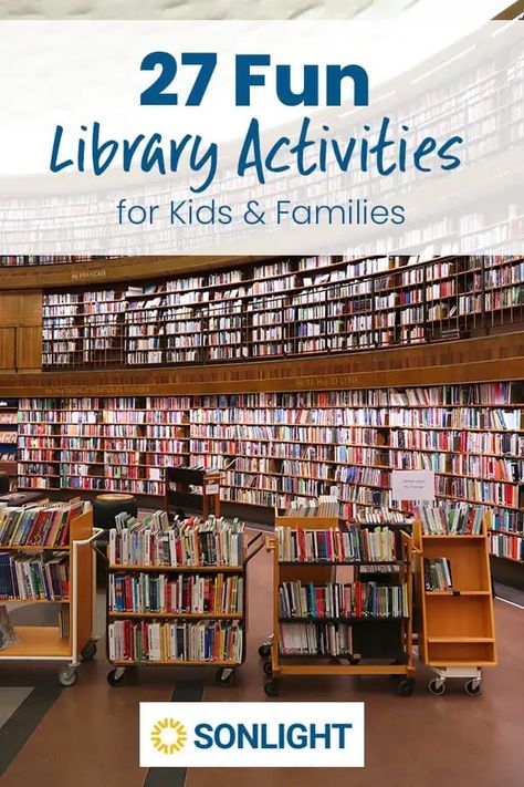 27 Fun Library Activities for Kids & Families Library Activities For High School Students, Library Day Activities, Library Kindergarten Ideas, School Library Activity Ideas, Public Library Ideas, Library Activities Elementary, Library Activities For Kids, Library Program Ideas, Library Programs For Kids