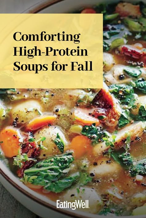 A cozy, filling and nutritious bowl of seasonal ingredients is waiting for you in this collection of delicious, high-protein soup recipes. Try our Slow-Cooker Bean, Kale & Barley Soup and Spicy Coconut, Chicken & Mushroom Soup for a cozy, filling and nutritious bowl of autumn for dinner.  #soups#chili#stews#souprecipes#healthysoup#healthyrecipes#comfortfood Lunch Soup Ideas Healthy, Barley Bean Soup, Healthy Cozy Soup, High Protein Soups Recipes, Fall Broth Soups, Barley Chicken Soup, Soups High In Protein, Healthy Easy Soups, Meals For Colds