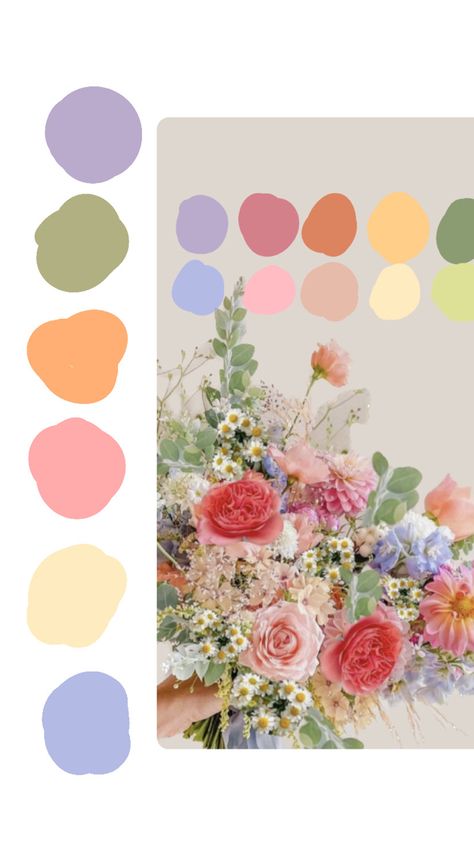 Wedding Theme Spring Colors, Whimsical Wedding Palette, Pastel Colours Wedding Theme, Pastel Flower Party Theme, Summer Garden Party Color Palette, Garden Party Colour Palette, Wildflowers Color Palette, Wedding Summer Palette, Spring Theme Wedding Colour Palettes