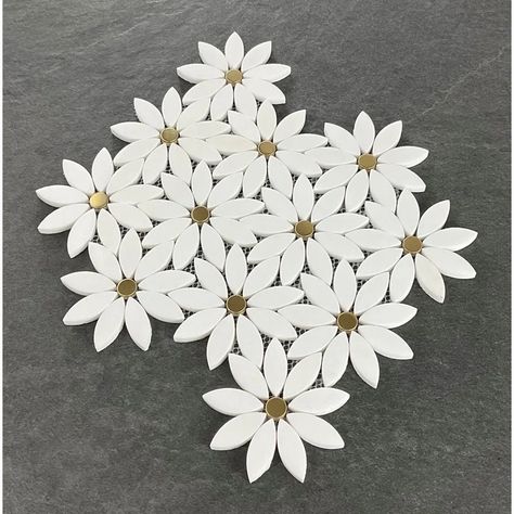 ES Stone 4" x 4" Thassos White Marble & Gold Metal Mosaic Wall & Floor Tile | Wayfair Bathroom Tile Gold Accents, White And Gold Bathroom Floor Tile, Daisy Tile Bathroom, Daisy Bathroom Ideas, Flower Backsplash Kitchen, Flower Tile Backsplash, Gold Tile Backsplash, Flower Mosaic Tile, Daisy Bathroom