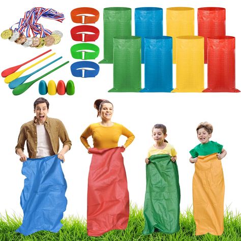 PRICES MAY VARY. The outdoor games set includes 8* potato sack race bags, 4* three legged race bands, 4* wood eggs & 4* wood spoons, 9* plastic medals. Suitable for family & friends to enjoy endless fun with our outdoor lawn games. Made of sturdy and durable PP material, our potato sack race bags not only could bring a lot of joy to kids and adult, but also enhance kids' jumping ability, improve physical coordination. Our three legged race bands are made of quality nylon, which will stick as soo Sack Race Ideas Outdoor Games, Potato Sack Race, Halloween Sack Race, Mini Olympics For Kids Outdoor Games, Lawn Party Games, Bean Bag Toss Carnival Game, Potato Sack Races, Outdoor Yard Games, Kids Yard