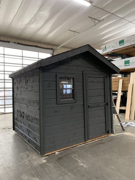 Denco Clearance Sheds & Barns, Discount Bunkies & Cottages Dark Shed, Black Sheds, Shed Black, Paint Shed Black, 10x10 Bunkie With Loft, Octagon Window, Single French Door, Black Shed, Cedar Shed