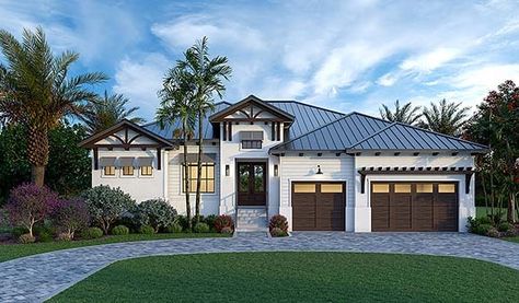 New House Plans 3000 to 3499 Square Feet Coastal Contemporary Homes, Bedroom Coastal, Buying House, Coastal House Plans, Split Bedroom, Garage Floor Plans, 4 Bedroom House Plans, Backyard Office, Bloxburg Ideas