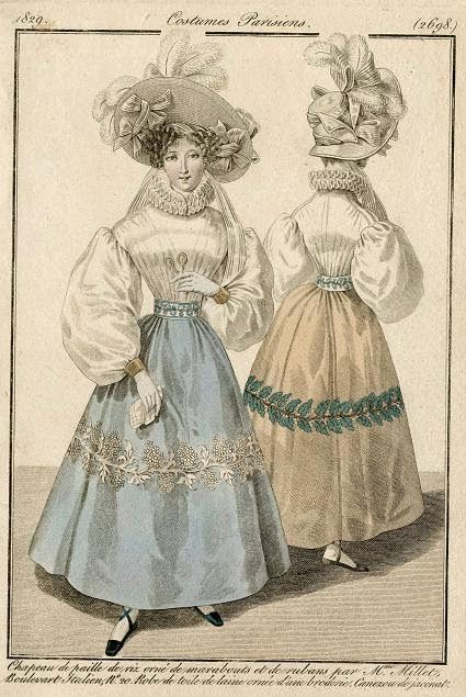 1829 fashion plate, Costumes Parisians #2698  another white "blouse" with "skirt" Drag Clothing, 1820 Fashion, 1820s Fashion, 1830s Fashion, Decades Of Fashion, Romantic Period, 1800s Fashion, 19th Century Fashion, Victorian Clothing