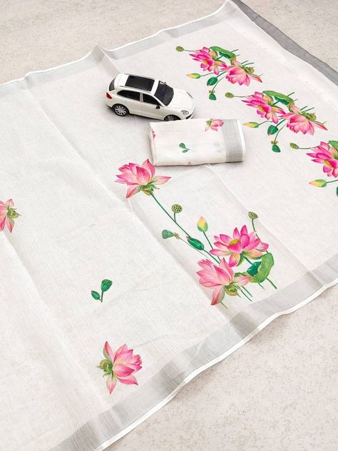 Exclusive linen saree with beautiful lotus digital print and silver zari border with blouse now at just 🔥₹650+shipping. For orders contact what's app no-9345417049 Fabric Colour Painting, Digital Print Saree, Saree Painting Designs, Fabric Paint Diy, Simple Saree Designs, Saree Painting, Lotus Flower Art, Fabric Painting Techniques, Hand Painted Dress