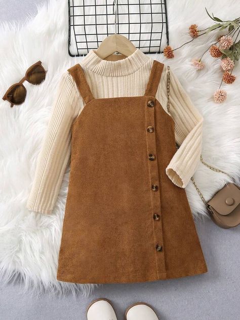 SHEIN Young Girl Mock Neck Tee & Button Front Overall Dress Girls Corduroy Dress, Corduroy Overall Dress Outfit, Overall Dress Outfit Fall, Overall Dress Outfit, Dress Outfit Fall, Corduroy Overall, Corduroy Overall Dress, Corduroy Dress, Outfit Fall