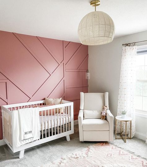 It's no secret we love a dark moody wall and are used to seeing olive, black, moody greens, but this mauve has us in LOVE! 📸: @kates.kreations Girl Bedrooms, Nursery Accents, Nursery Accent Wall, Nursery Reveal, Board Batten, Nursery Decorations, Nursery Glider