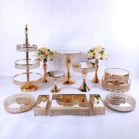 6-16pcs Crystal Metal Cake Stand Set Acrylic Mirror Cupcake Decorations Dessert Pedestal Wedding Party Display Tray - Cake Tools - AliExpress Dessert Party Table, Dessert Display Table, Candy Bar Decor, Wedding Dessert Table Decor, Crystal Cake Stand, Cupcake Stand Wedding, Dessert Display Stand, Gold Cake Stand, Tray Cake